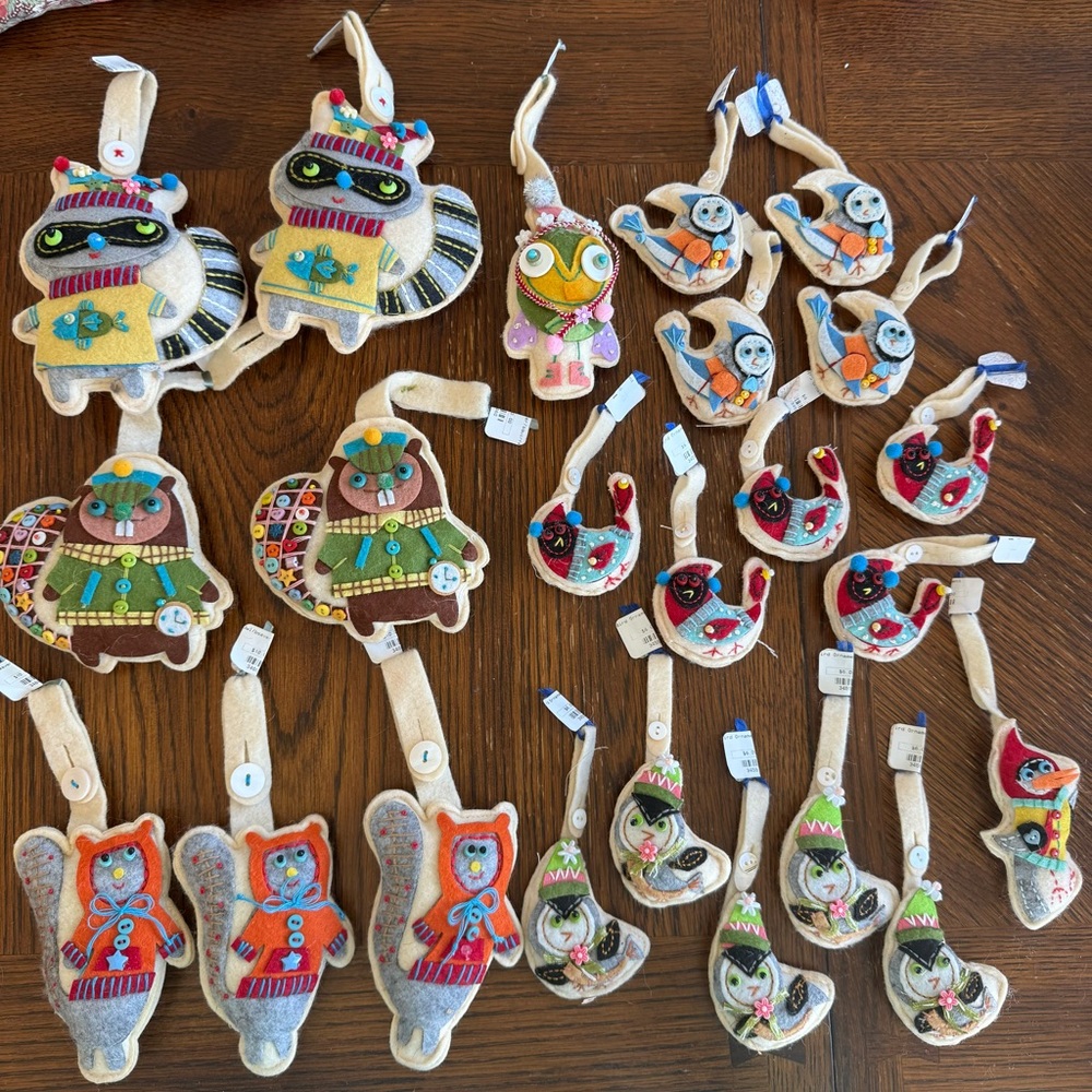 Boho Colorful lot of 23 Christmas Ornaments Owl, Beaver, Bird, Raccoon